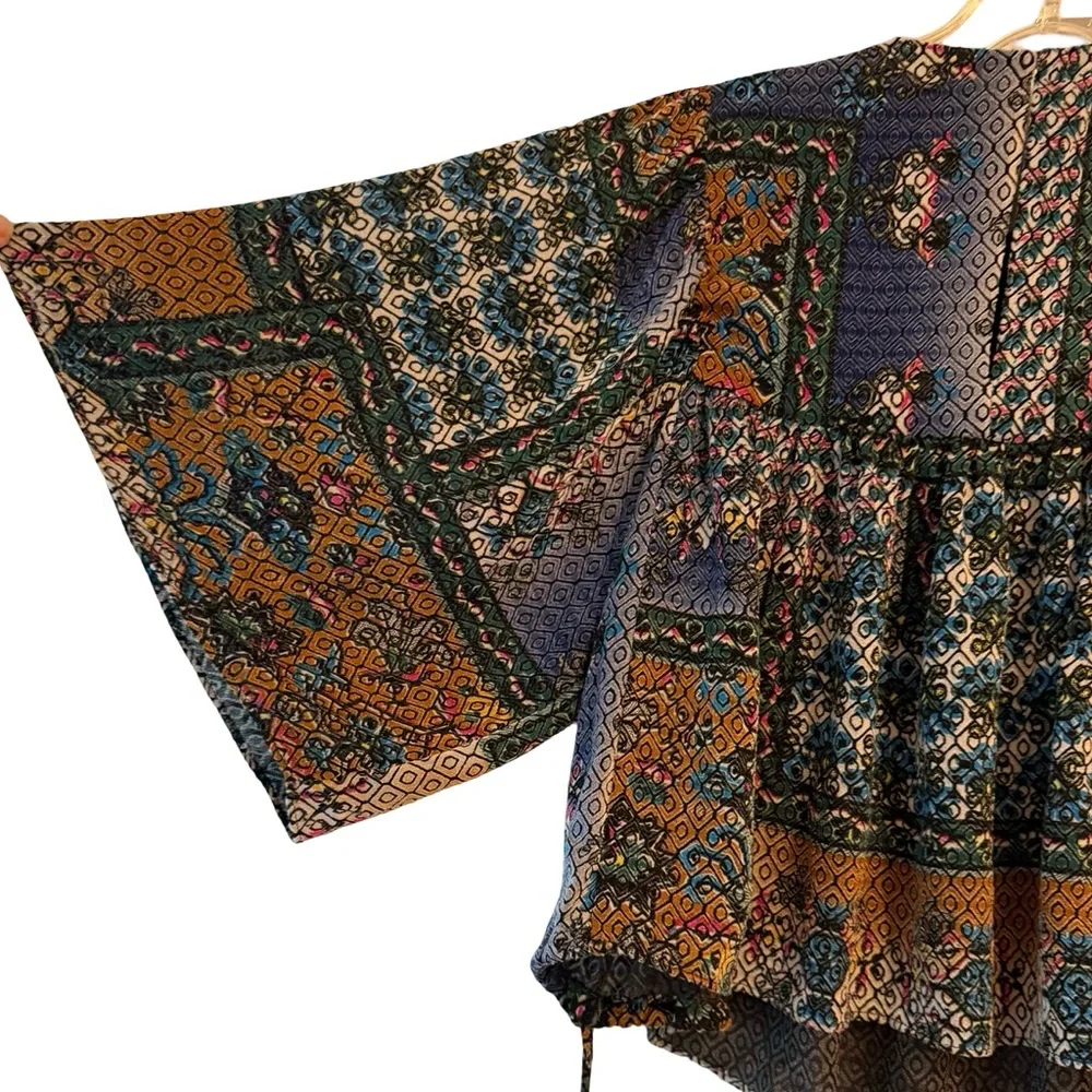 Zara Trafaluc Boho Kimono Sleeve Blouse XS Multicolor Patchwork Drawstring Top - Picture 3 of 6